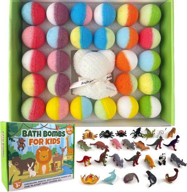 Kids Bath Bombs with Surprise Inside, 26pcs Bath Bombs with Toys and 1 Bear Towel Gift for Boys/Girls, Party Favors for Kids Natural Organic Bubble Bath with Animals Bath Bombs for Christmas