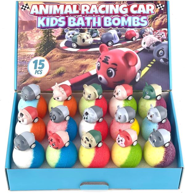 15PCSBath Bombs for Kids with Animal Racing Cars Inside, Gentle & Kid Safe Bubble Bath Fizzies