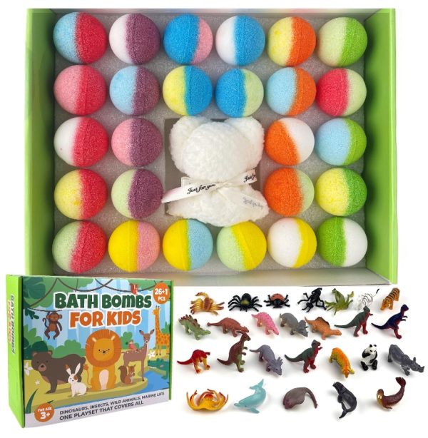 Kids Bath Bombs with Surprise Inside, 26pcs Bath Bombs with Toys and 1 Bear Towel Gift for Boys/Girls, Party Favors Bath Bombs for Christmas